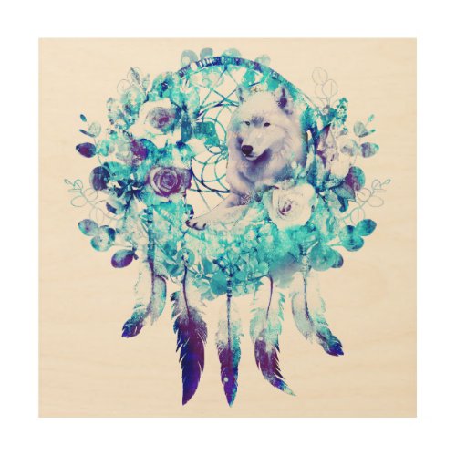 White Wolf Dreamcatcher Purple Blue Floral Wood Wall Art