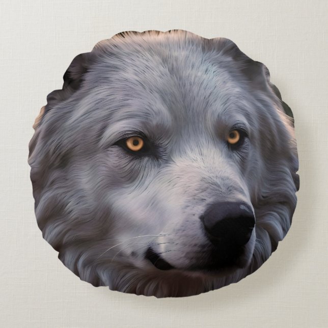 White Wolf Face, Round Pillow (Front)