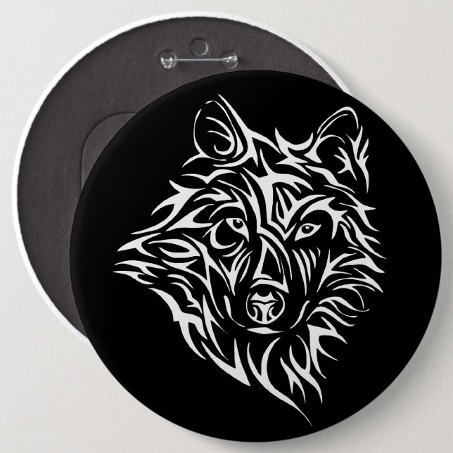 White Wolf Head on Black  Button (Front & Back)