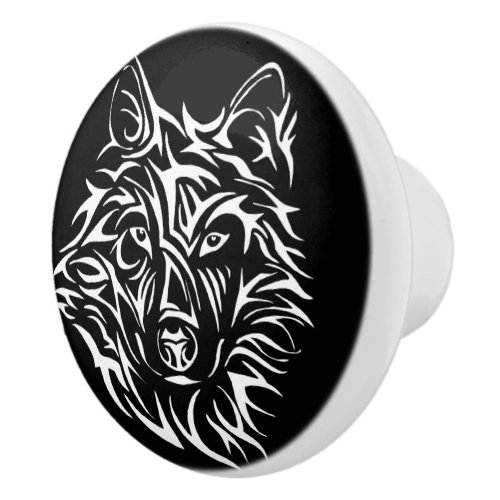 White Wolf Head on Black  Ceramic Knob