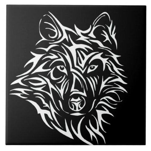 White Wolf Head on Black  Ceramic Tile