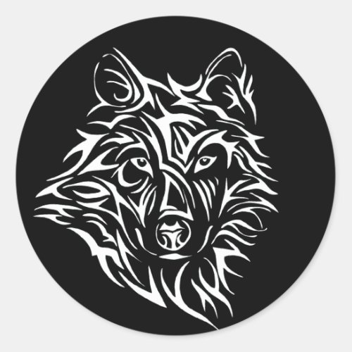 White Wolf Head on Black  Classic Round Sticker