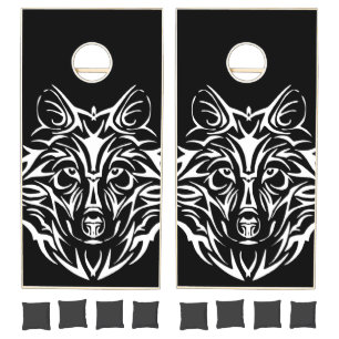 White Wolf Head on Black  Cornhole Set