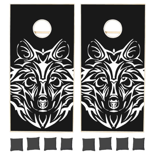 White Wolf Head on Black  Cornhole Set (Set)