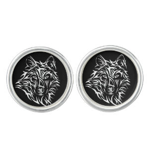 White Wolf Head on Black  Cufflinks