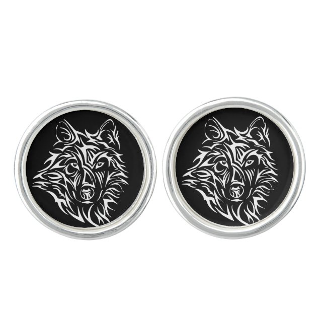 White Wolf Head on Black  Cufflinks (Front)