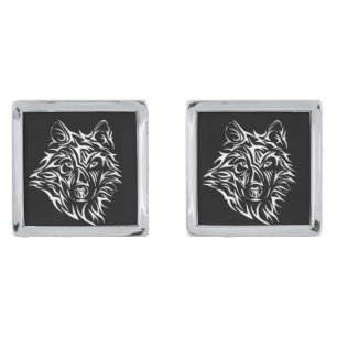 White Wolf Head on Black  Cufflinks