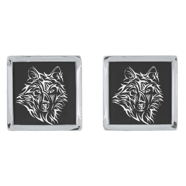 White Wolf Head on Black  Cufflinks (Front)