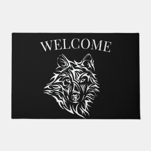 White Wolf Head on Black Doormat