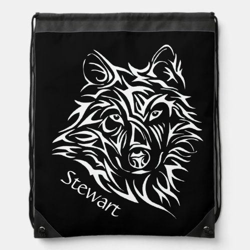 White Wolf Head on Black  Drawstring Bag