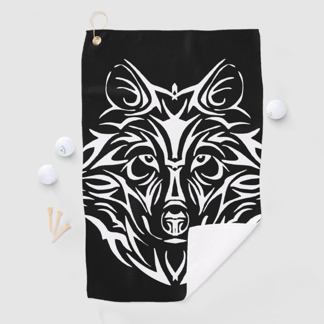 White Wolf Head on Black  Golf Towel (InSitu)