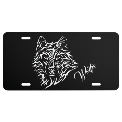 White Wolf Head on Black License Plate