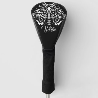 White Wolf Head on Black Monogram or Name Golf Head Cover