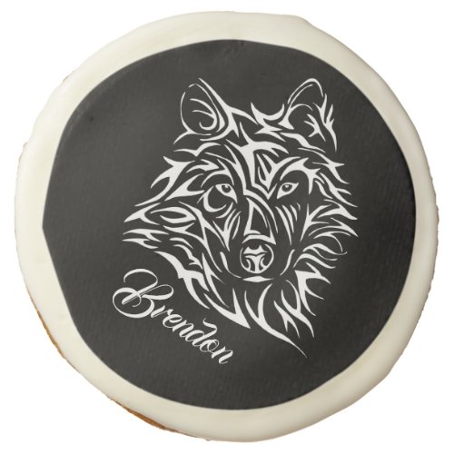 White Wolf Head on Black Name Sugar Cookie