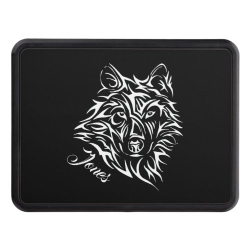 White Wolf Head on Black Personal Name Hitch Cover
