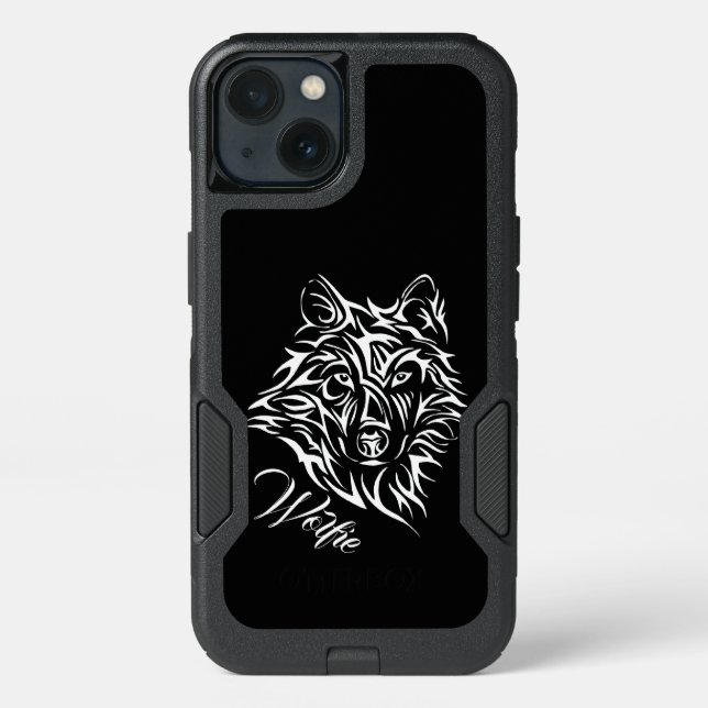 White Wolf Head on Black Personal Otterbox iPhone Case (Back)
