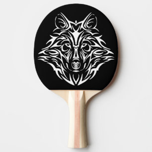 White Wolf Head on Black  Ping Pong Paddle