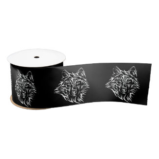 White Wolf Head on Black Satin Ribbon