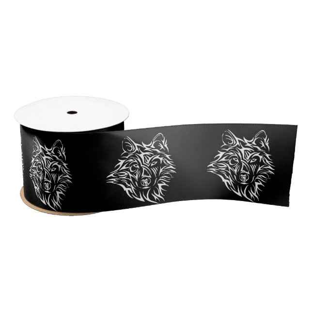 White Wolf Head on Black  Satin Ribbon (Spool)