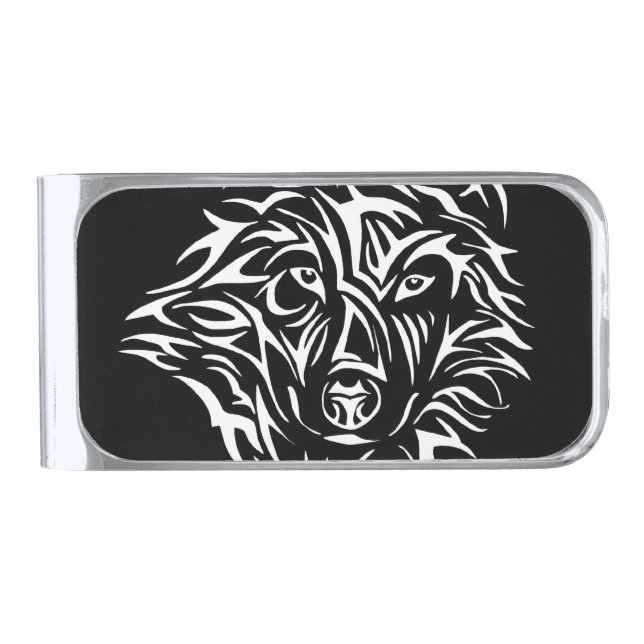 White Wolf Head on Black  Silver Finish Money Clip (Front)