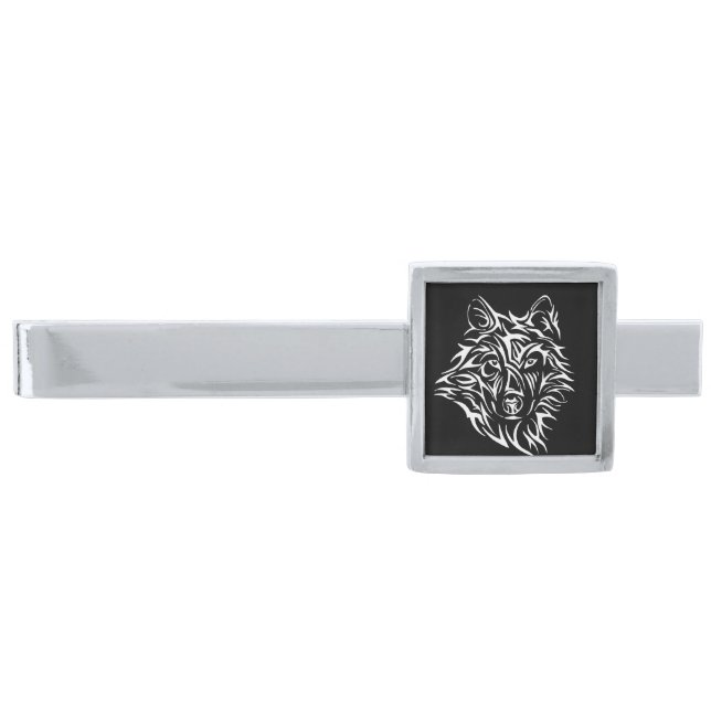 White Wolf Head on Black  Silver Finish Tie Bar (Front)