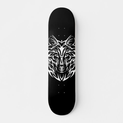 White Wolf Head on Black  Skateboard