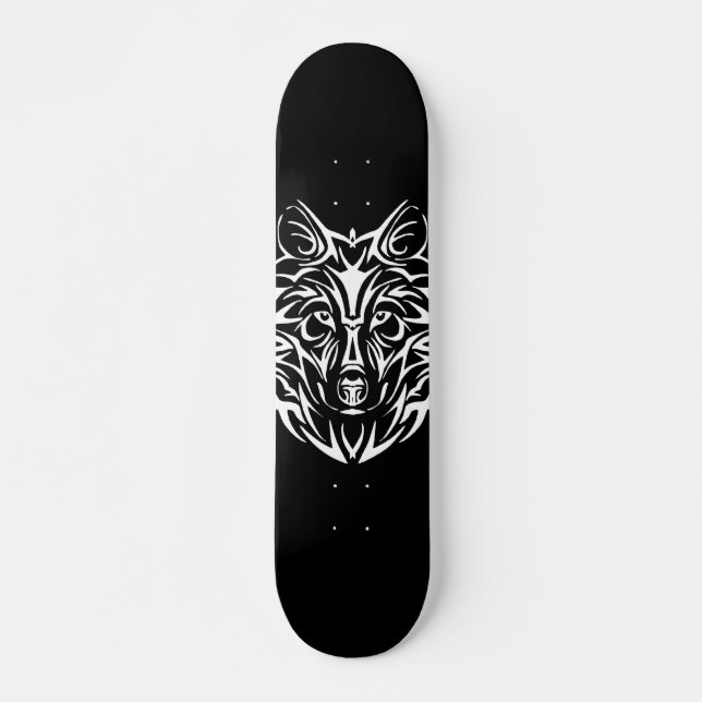 White Wolf Head on Black  Skateboard (Front)