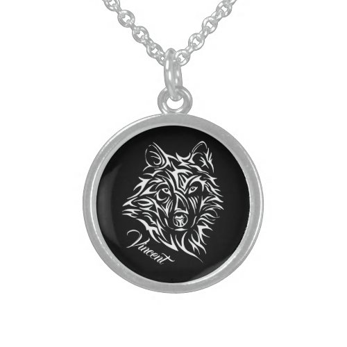 White Wolf Head on Black  Sterling Silver Necklace