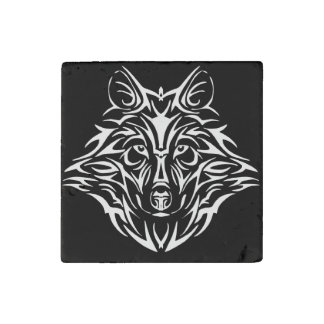 White Wolf Head on Black  Stone Magnet
