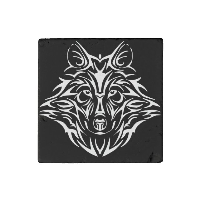 White Wolf Head on Black  Stone Magnet (Front)