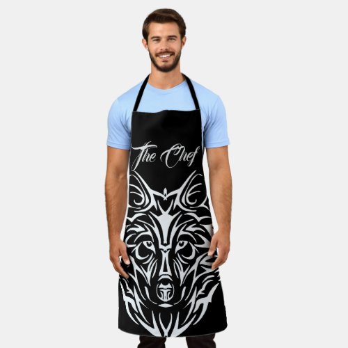 White Wolf Head on Black The Chef Custom Text Apron