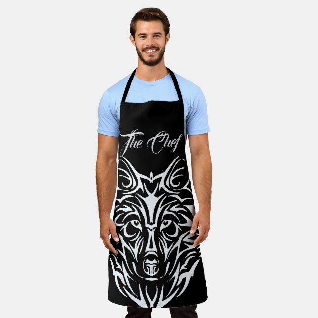 White Wolf Head on Black The Chef Custom Text Apron (Worn)