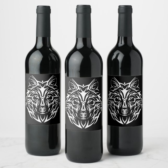 White Wolf Head on Black  Wine Label (Bottles)