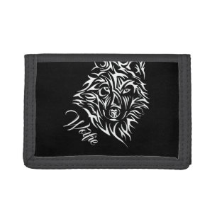 White Wolf Head on Black with Name Trifold Wallet