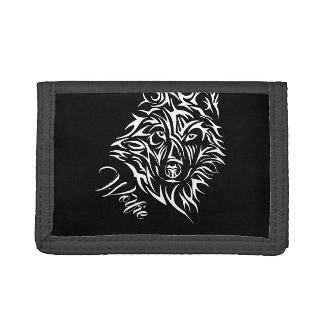 White Wolf Head on Black with Name Trifold Wallet (Front)