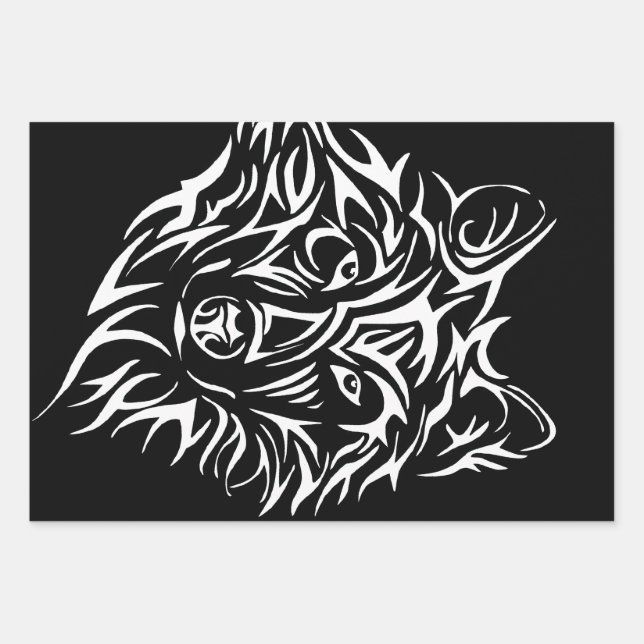 White Wolf Head on Black  Wrapping Paper Sheets (Front)