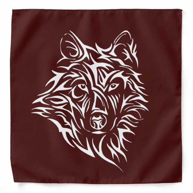 White Wolf Head on Blood Red Bandana (Front)