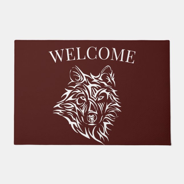 White Wolf Head on Blood Red Doormat (Front)