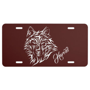 White Wolf Head on Blood Red License Plate