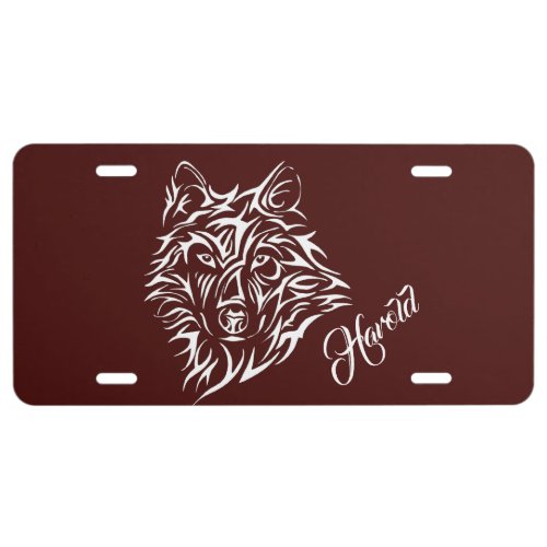 White Wolf Head on Blood Red License Plate