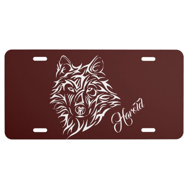 White Wolf Head on Blood Red License Plate (Front)