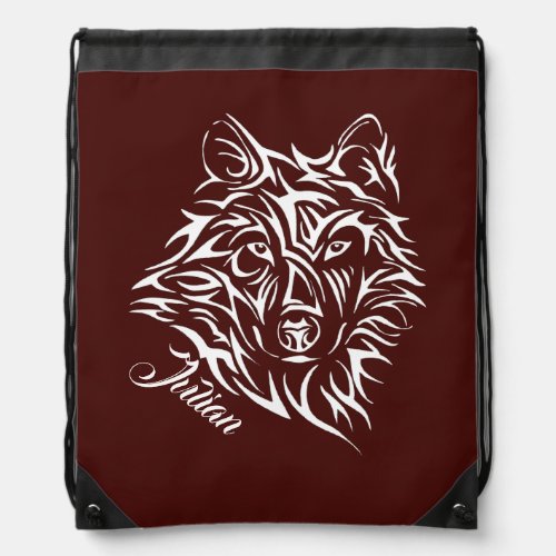 White Wolf Head on Blood Red Personal Name Drawstring Bag