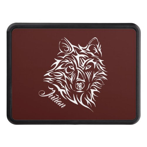 White Wolf Head on Blood Red Personal Name Hitch Cover