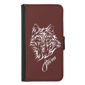 White Wolf Head on Blood Red Personal Name Samsung Galaxy S5 Wallet Case