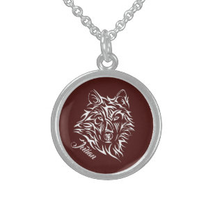 White Wolf Head on Blood Red Personal Name Sterling Silver Necklace