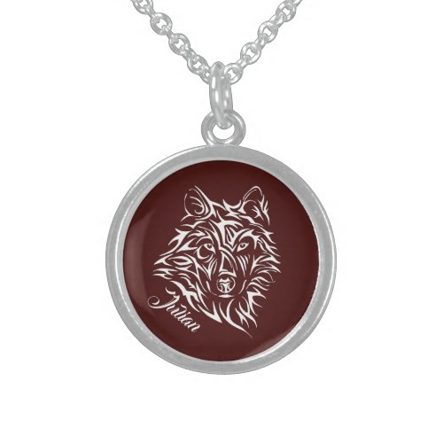 White Wolf Head on Blood Red Personal Name Sterling Silver Necklace