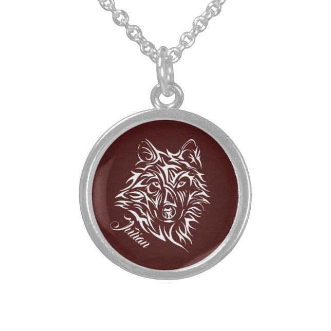 White Wolf Head on Blood Red Personal Name Sterling Silver Necklace (Front)