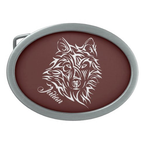 White Wolf Head on Blood Red Personal Name Tote Ba Belt Buckle