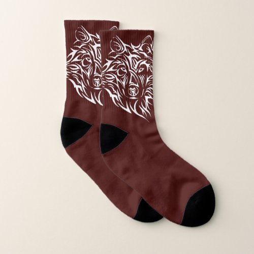 White Wolf Head on Blood Red Socks