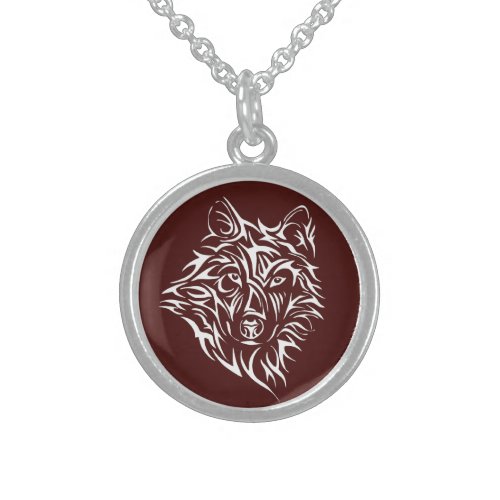 White Wolf Head on Blood Red Sterling Silver Necklace